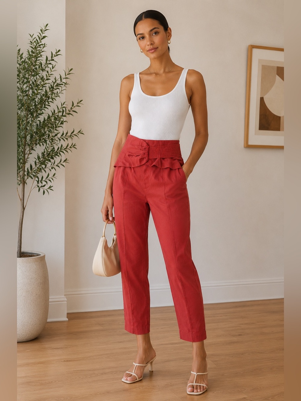 High-Waist Ruffle Paperbag Pants Rust Red Size 26 contemporary chic